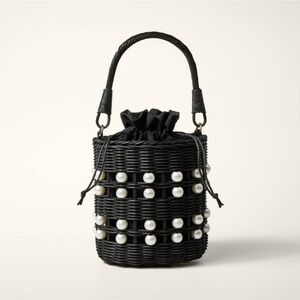 Kate Spade Elegant Black Woven Bag with Pearl Accents